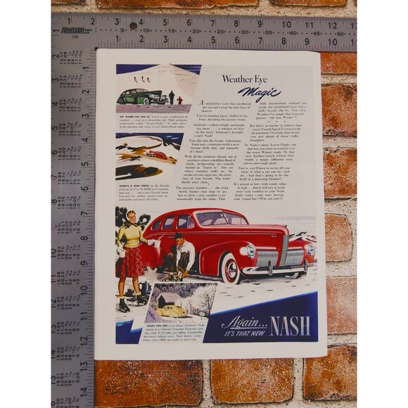 1940 Vintage Nash Red Car Print Ad with Couple Ice Skating on Pond 21.25mpg - Picture 4 of 10